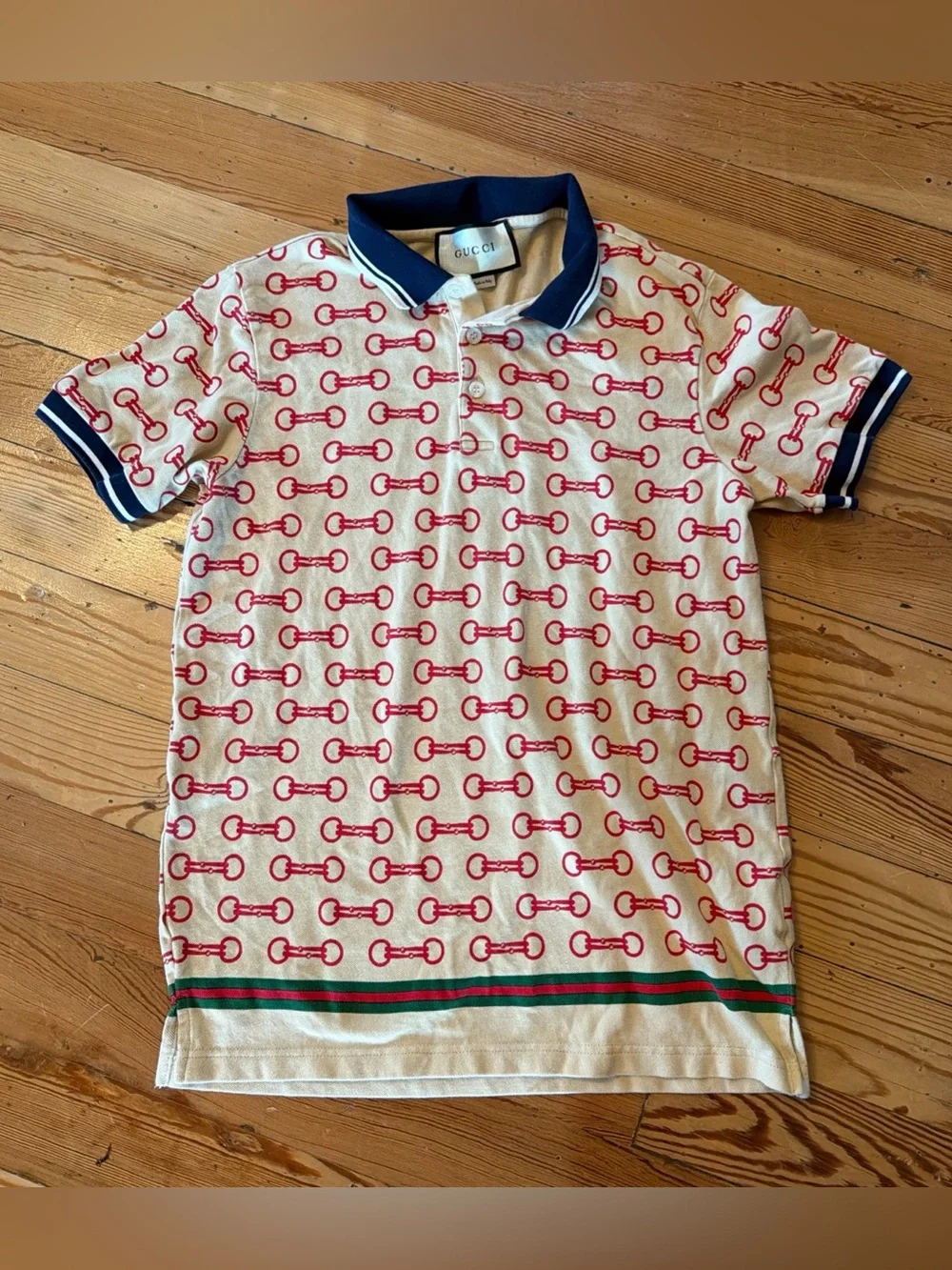 GUCCI HORSEBIT PRINT COTTON POLO SHIRT Cream Red Size Small